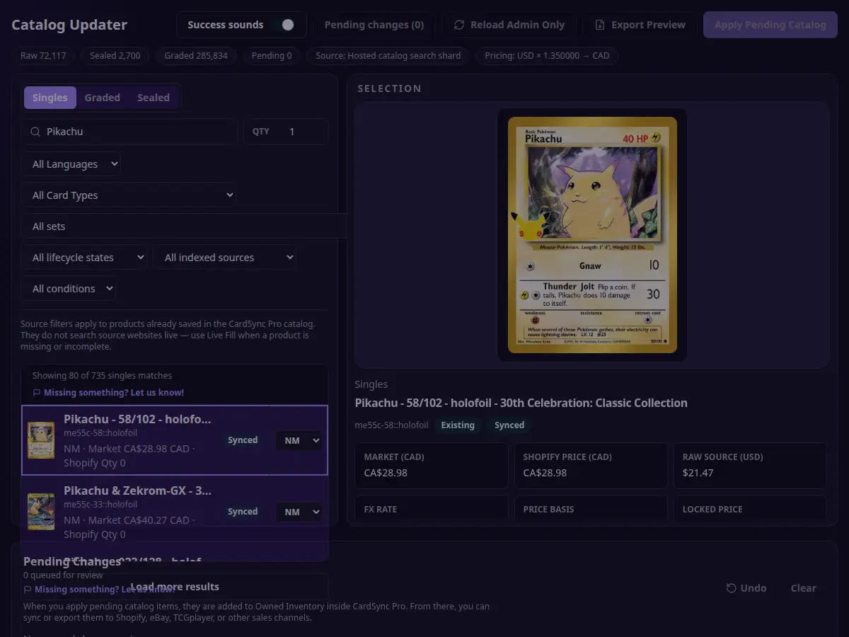 CardSync Pro catalog screen for adding a trading card with condition, quantity, cost, and asking price fields.