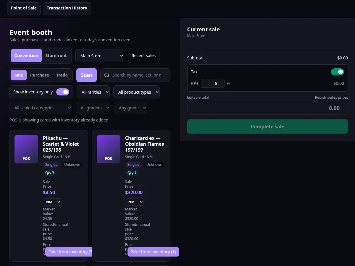 CardSync Pro convention point-of-sale screen with an inventory search and a current sale in progress.