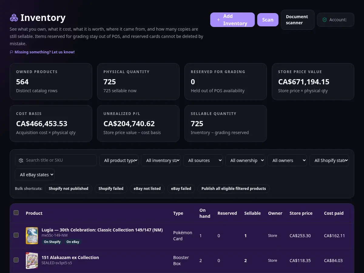 CardSync Pro owned inventory showing hundreds of products, including singles, sealed product, and graded cards with market values.